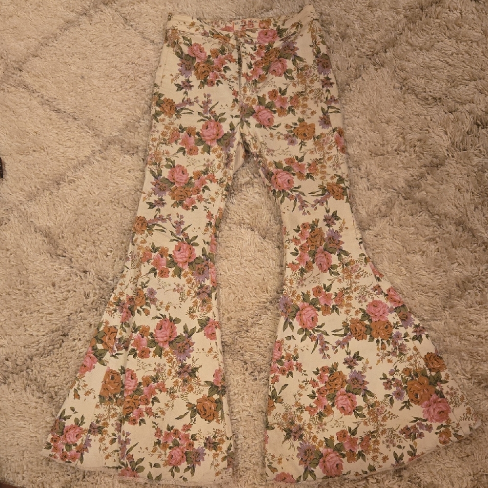 We The Free Cream Floral Flare Jeans with Pink & Brown Roses